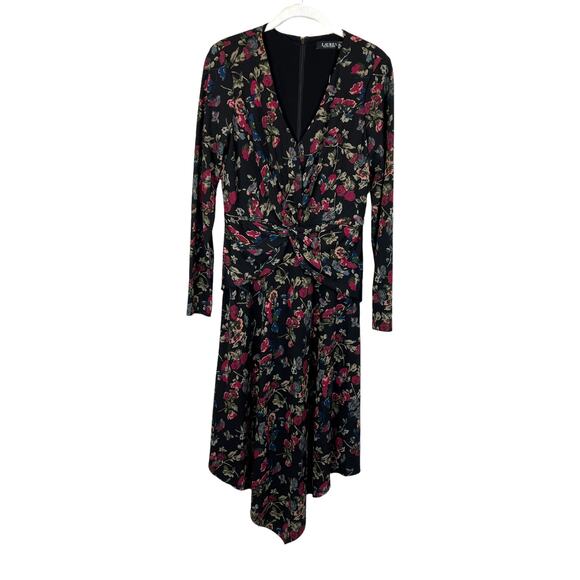 Lauren Ralph Lauren Floral Surplice Jersey Dress Black Multi Women's 6 NWT - Picture 4 of 10